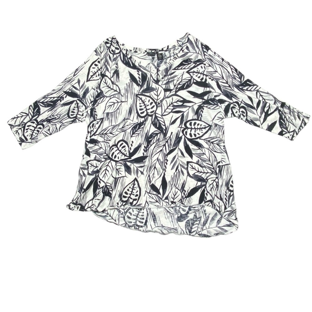 Tahari Tropical Leaf Blouse Womens 3X Black & White 3/4 Sleeve V-Neck Casual Top
